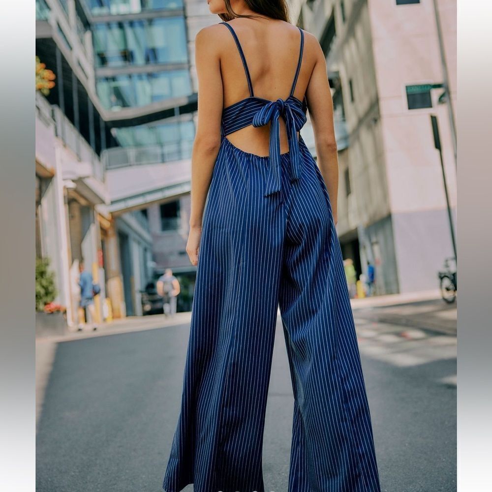 Free People Ava Pinstripe One Piece Jumpsuit in Blue Combo - Picture 2 of 7